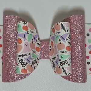 Halloween Pink Boo Ghost Faux Leather Hair Bow Spooky Fall